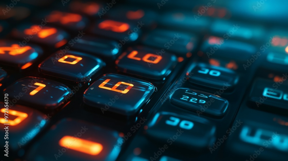 Close-up of a black calculator keypad with glowing orange numbers. Close-up of a black calculator keypad with glowing orange numbers.