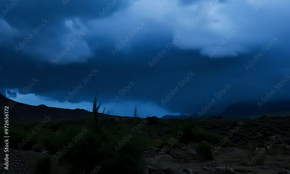 A moody landscape under a dark, cloudy sky with sparse vegetation. A moody landscape under a dark, cloudy sky with sparse vegetation.