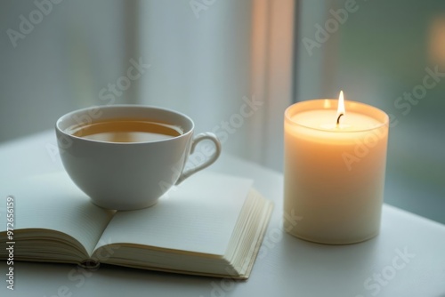 Minimalist self-care scene with tea, candle, and journal