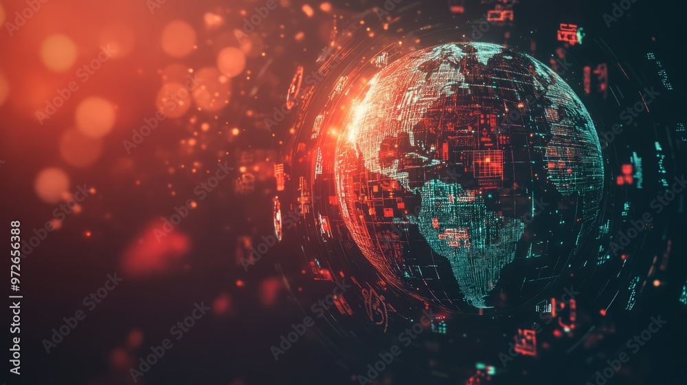 Fototapeta premium A glowing digital globe with red and blue accents.