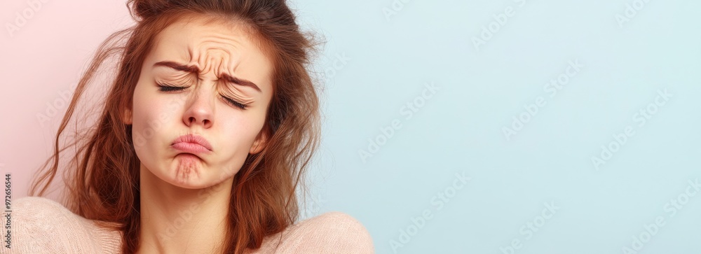 A young woman with a distressed expression poses against a pastel background, showcasing her emotions and facial features in a light-hearted moment capturing relatable feelings of frustration A young woman with a distressed expression poses against a pastel background, showcasing her emotions and facial features in a light-hearted moment capturing relatable feelings of frustration