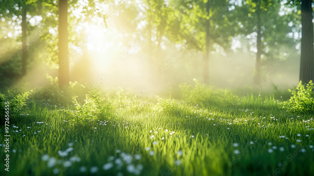 Obraz premium Sunlight filters through the trees to illuminate a forest clearing with lush, green grass, creating a peaceful and refreshing scene.