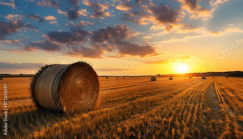 Golden Sunset Over Rolling Fields with Hay Bales in a Serene Agricultural Landscape