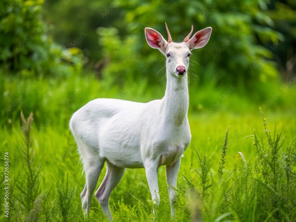 Rare albino white-tailed deer, a genetic anomaly, poses in a verdant meadow, its unusual coloring contrasting with lush Rare albino white-tailed deer, a genetic anomaly, poses in a verdant meadow, its unusual coloring contrasting with lush