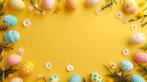 Colorful Easter eggs arranged in a circular pattern on a vibrant yellow background adorned with daisies and decorative elements for a festive spring celebration