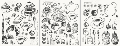 Hand drawn vector food ink sketch illustration. Tea, coffee, breakfast croissant, egg, butter, sweet dessert, cake stand, teapot, cup, sieve, sugar bowl, sandwiches