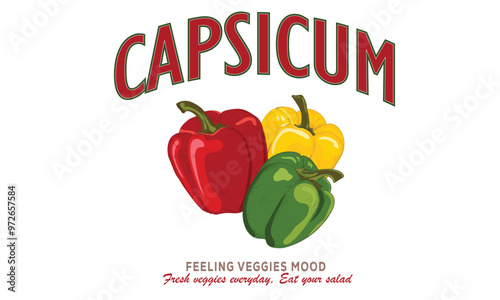Organic vegetable farm. Fresh veggies artwork for t shirt print, poster, sticker and other uses. Capsicum vintage t-shirt design. 