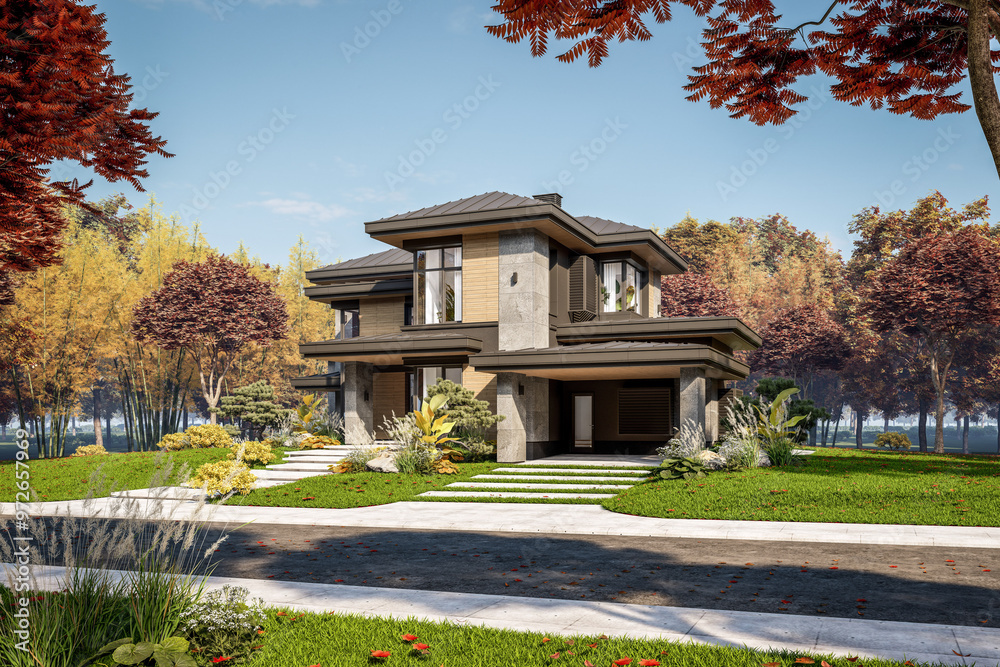 3d rendering of modern two story house with gray and wood accents, large windows, parking space in the right side of the building, surrounded by trees and bushes, daylight in autumn day 3d rendering of modern two story house with gray and wood accents, large windows, parking space in the right side of the building, surrounded by trees and bushes, daylight in autumn day