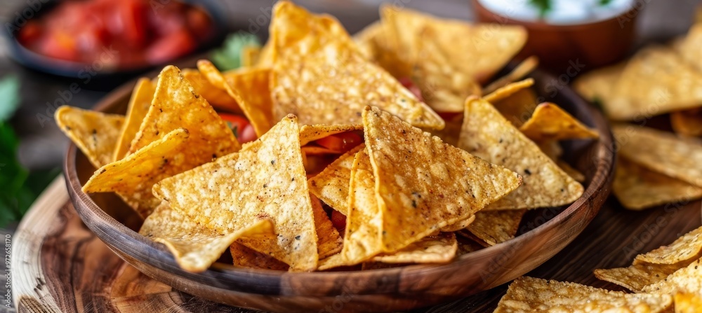 Crispy Tortilla Chips with Salsa and Dip, Close-Up of Delicious Snack Food in Rustic Setting Crispy Tortilla Chips with Salsa and Dip, Close-Up of Delicious Snack Food in Rustic Setting