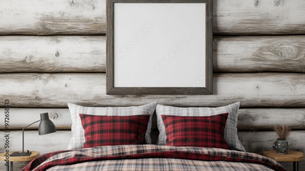 Cozy cabin bedroom, rustic frame on log wall, warm plaid bedding, 3D illustration Cozy cabin bedroom, rustic frame on log wall, warm plaid bedding, 3D illustration