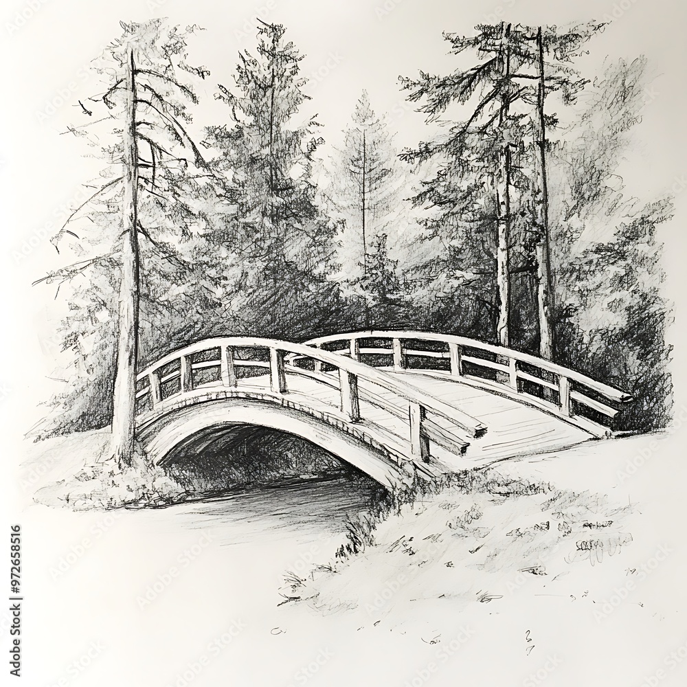 custom made wallpaper toronto digitalA black and white pencil drawing of a wooden bridge over a stream with trees surrounding it.
