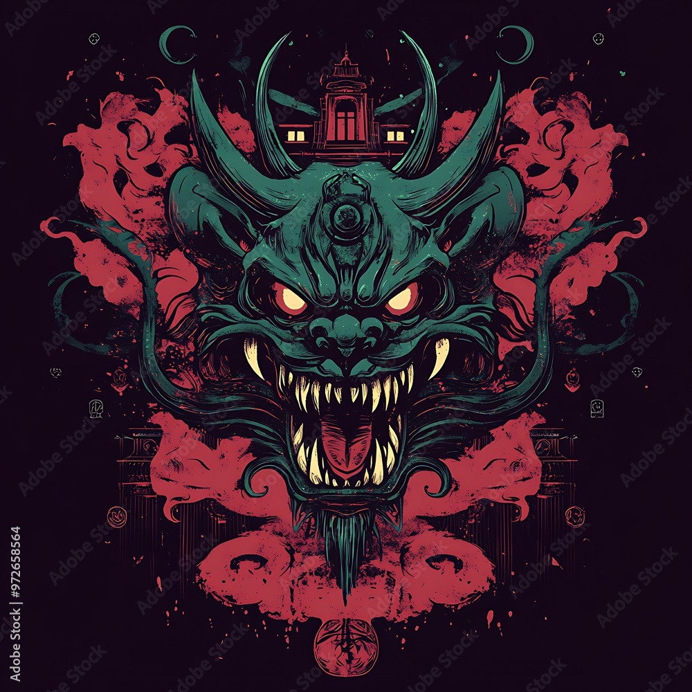 Green-Faced Demon with Red Eyes and Fangs