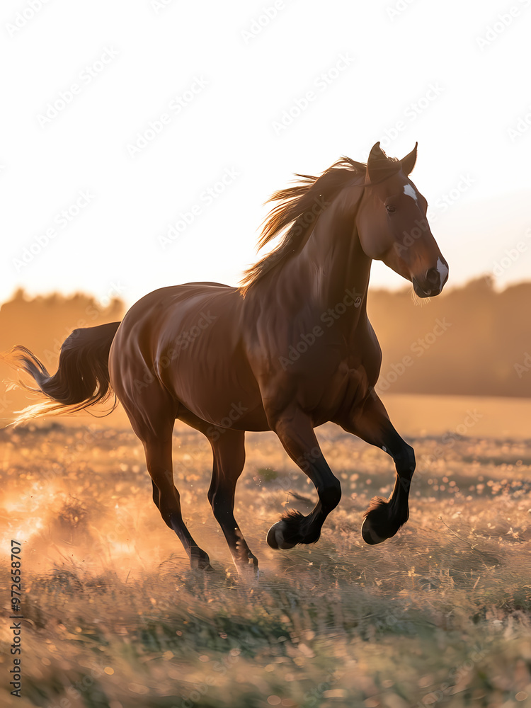 Obraz premium A horse gallops through a vibrant field, silhouetted against a stunning sunset sky. 