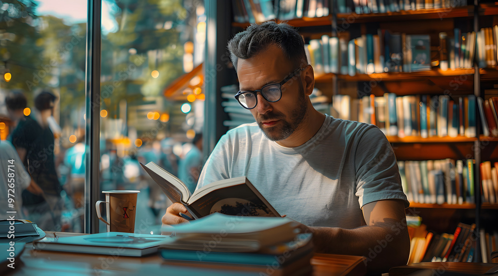 Cafe Culture: Adult Woman Finds Joy and Relaxation with a Paperback in Hand Cafe Culture: Adult Woman Finds Joy and Relaxation with a Paperback in Hand