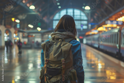 A woman wearing a brown jacket and backpack is standing in a train station,