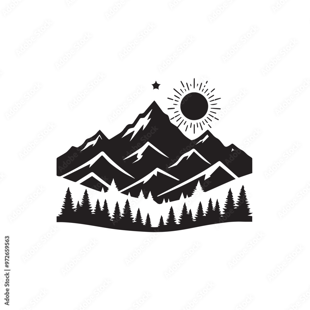 Fototapeta premium Mountain silhouette with tree. Mountain logo, icon vector design.