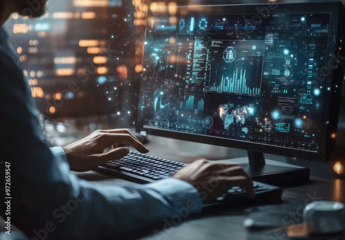 A businessman using digital twin technology to create and manage data in real-time, creating interactive visualizations on the screen with graphs, charts, bar graphs, or other marketing imagery showin