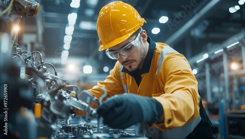 In a bustling factory, a dedicated worker meticulously repairs machinery, showcasing precision and focus amidst the vibrant industrial atmosphere, illuminated by bright lights.