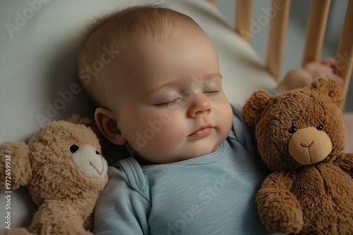 A baby sleeps soundly amidst plush teddy bears, evoking a serene and comforting atmosphere, idealizing the tranquility and coziness of nursery life. photo