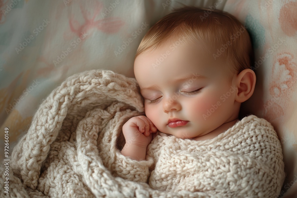 A serene sleeping baby cozily wrapped in a soft knitted blanket, highlighting innocence and tranquility under gentle lighting in a safe, comfy environment. A serene sleeping baby cozily wrapped in a soft knitted blanket, highlighting innocence and tranquility under gentle lighting in a safe, comfy environment.
