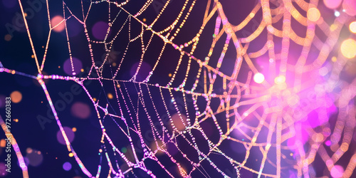 Shiny glittery pink spider web, aesthetic halloween background photo