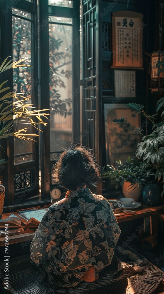 Woman in Kimono Sitting by Window with Sunlight Streaming In Woman in Kimono Sitting by Window with Sunlight Streaming In