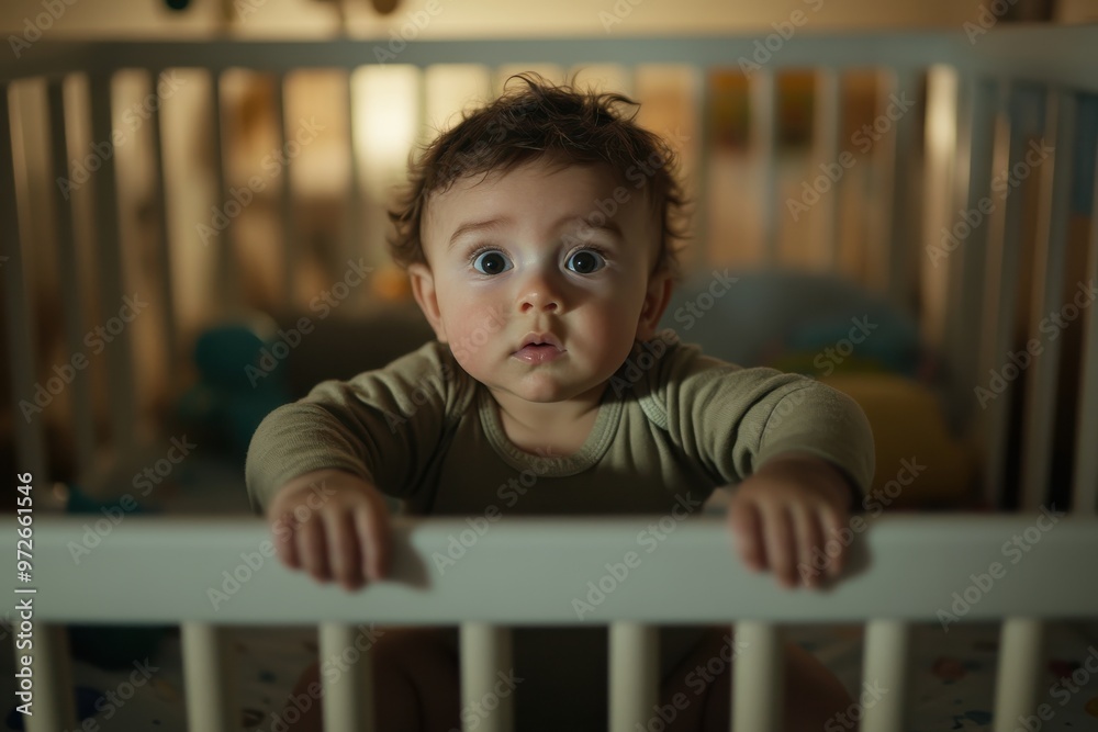 A curious baby stands clutching the crib railing, wide-eyed in wonder under soft warm lighting, suggesting an atmosphere of discovery and innocent curiosity. A curious baby stands clutching the crib railing, wide-eyed in wonder under soft warm lighting, suggesting an atmosphere of discovery and innocent curiosity.