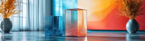 A modern interior scene featuring colorful glass vases and abstract artwork, creating a stylish and vibrant atmosphere.