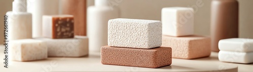 Minimalist composition of various soap bars and skincare products arranged aesthetically on a neutral surface.