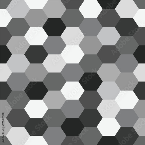 Seamless pattern of monochrome geometric hexagonal shapes, modern camouflage style shaped like a honeycomb