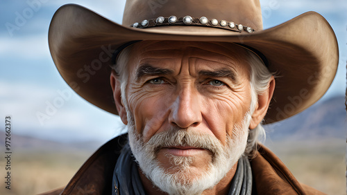 Portrait of a senior cowboy looking at the camera while standing outdoors.