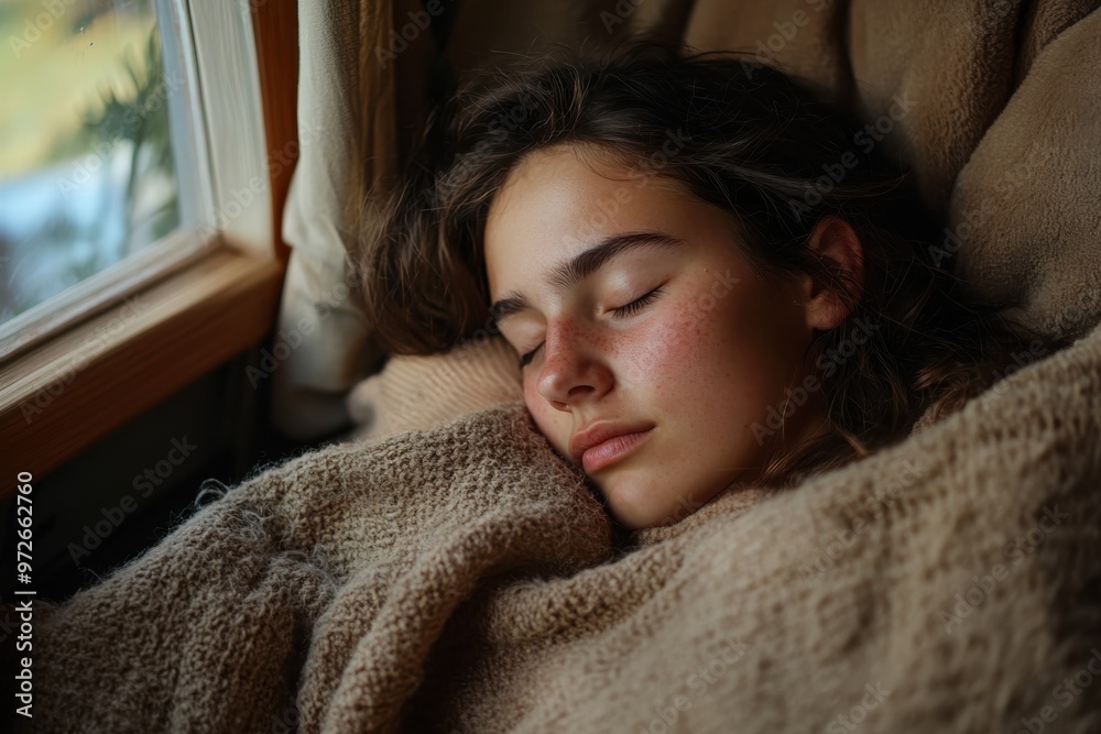 A tranquil image of someone enjoying a cozy nap near a window wrapped in a plush blanket, bathed in natural light, offering warmth and a perfect spot for relaxation. A tranquil image of someone enjoying a cozy nap near a window wrapped in a plush blanket, bathed in natural light, offering warmth and a perfect spot for relaxation.
