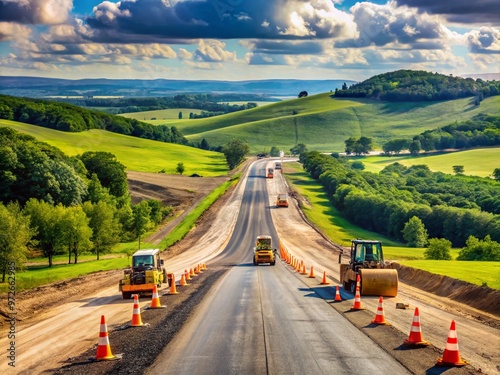 Rural Stark County highway undergoes renovation as heavy machinery and orange cones line the paved road, surrounded by photo