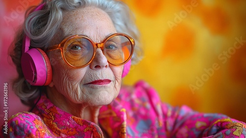 Studio portrait of eccentric elderly woman listening to music on headphones, colorful pink and yellow background