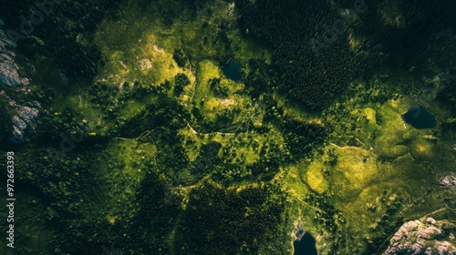 Winding River through Lush Green and Yellow Landscape from an Aerial View