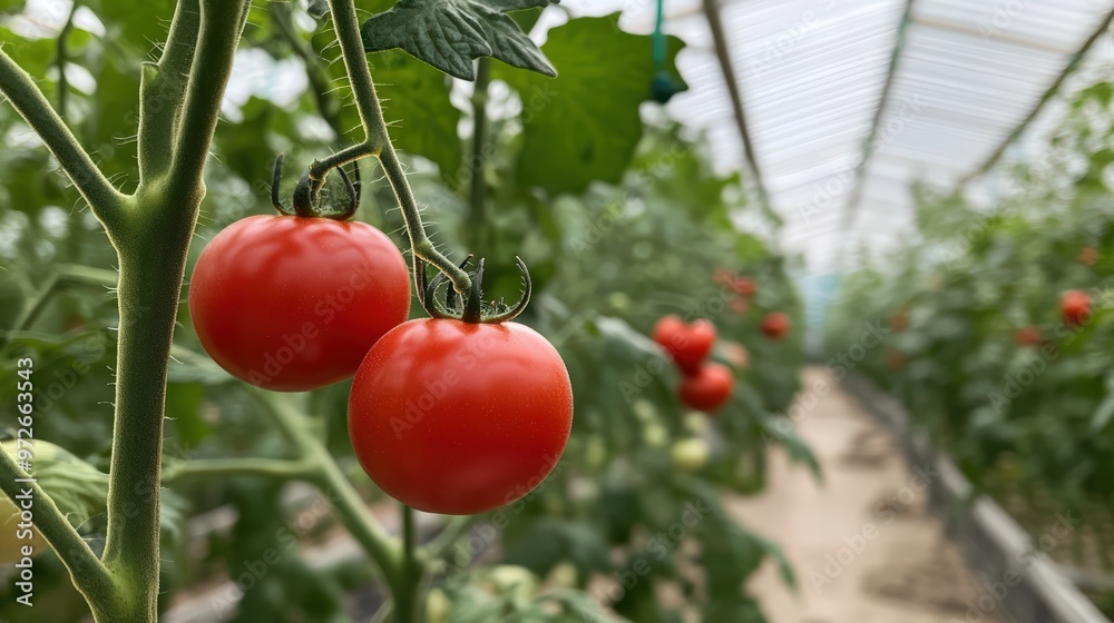 A cluster of ripe red tomatoes hanging from a vine in a greenhouse, highlighting the abundance and healthiness of the produce