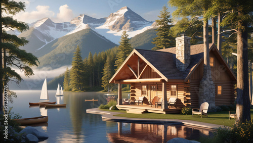 Wood cabin on the lake - log cabin surrounded by trees, mountains, and water in natural landscapes