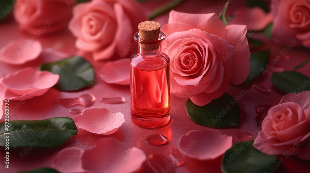 A rose oil with a few rose and leaves around. A rose oil with a few rose and leaves around.