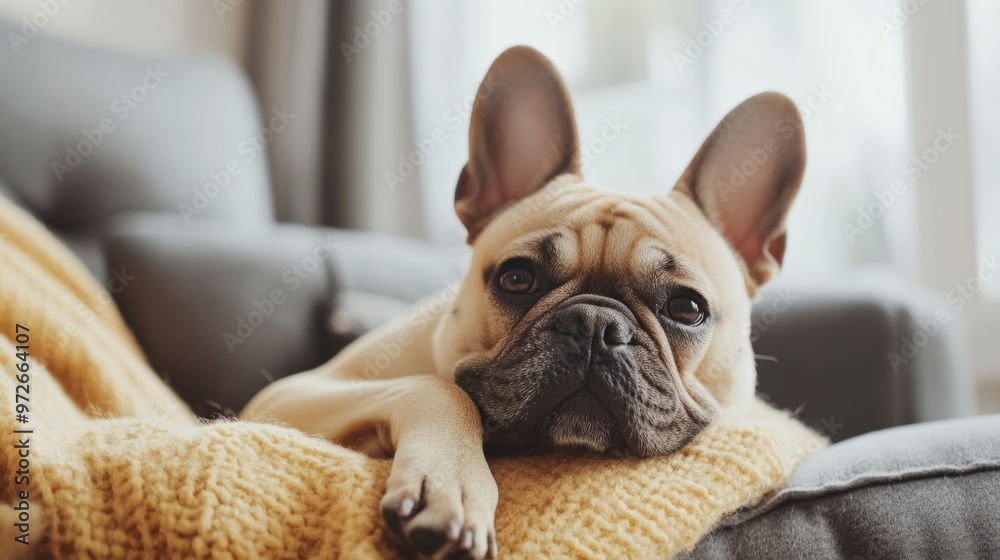 Adorable French Bulldog Resting on a Soft Blanket, Looking Up with a Calm and Sweet Expression, Perfect for Pet Supplement Ads, Pet Products, and Animal Care Marketing Adorable French Bulldog Resting on a Soft Blanket, Looking Up with a Calm and Sweet Expression, Perfect for Pet Supplement Ads, Pet Products, and Animal Care Marketing