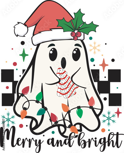 Merry And Bright Ghost Cute Christmas ghost tree cake T shirt Design