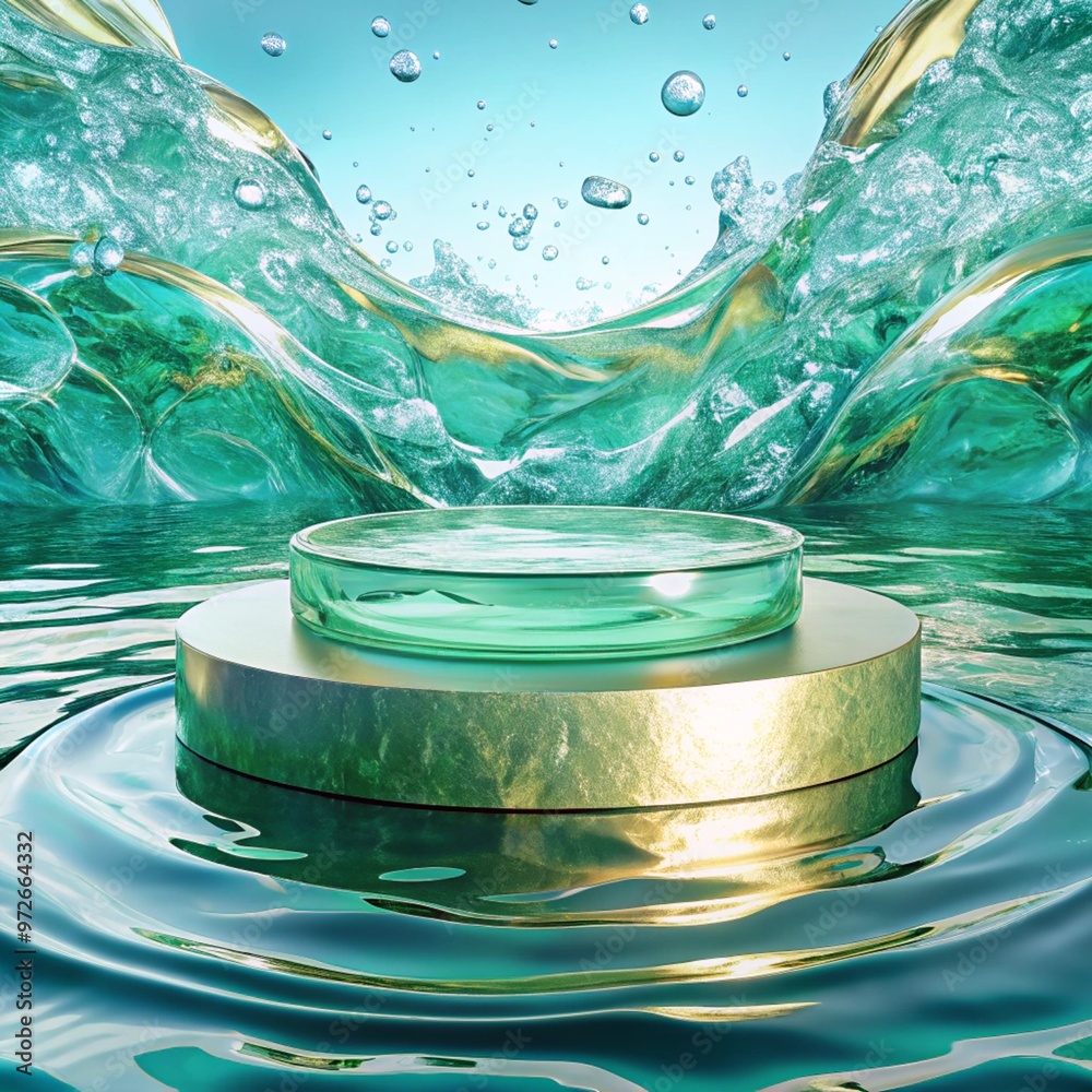 Empty Glass circle podium on transparent clear green water texture with splashes and waves in sunlight. Abstract nature background for product presentation. Flat lay cosmetic mockup