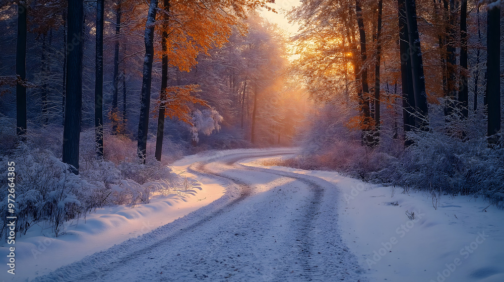 Serene Winter Forest with Snow Covered Trail at Sunrise, landscape wallpaper Serene Winter Forest with Snow Covered Trail at Sunrise, landscape wallpaper