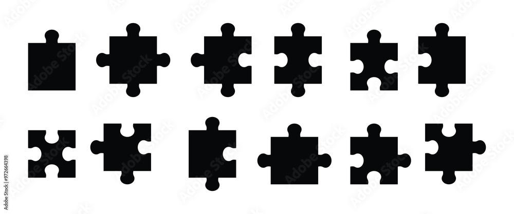 Simple pieces Puzzle black vector icon set. jigsaw puzzle pieces silhouette. Perfect jigsaw puzzle vector for concept illustrations, problem solving.