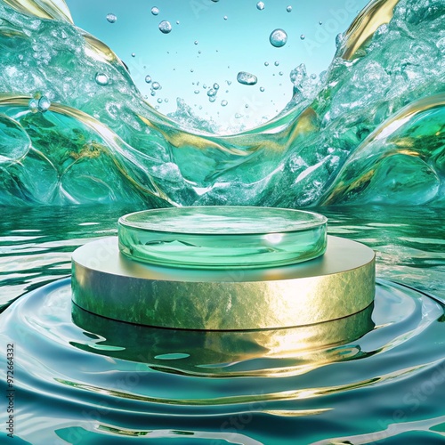 Obraz na płótnie Empty Glass circle podium on transparent clear green water texture with splashes and waves in sunlight. Abstract nature background for product presentation. Flat lay cosmetic mockup w salonie