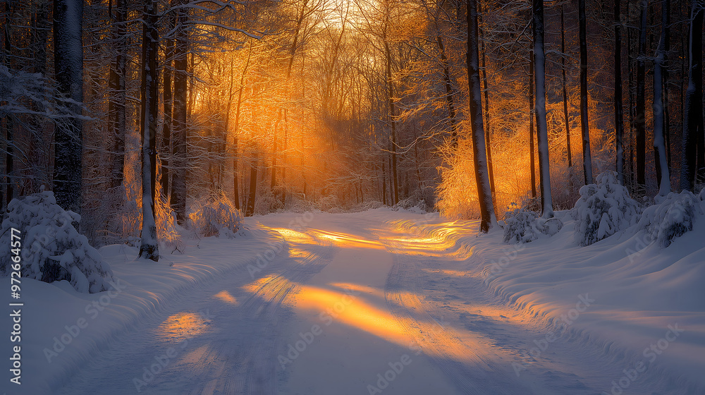 Enchanting Winter Forest Path at Sunrise with Sunlight and Frosty Trees, landscape wallpaper Enchanting Winter Forest Path at Sunrise with Sunlight and Frosty Trees, landscape wallpaper