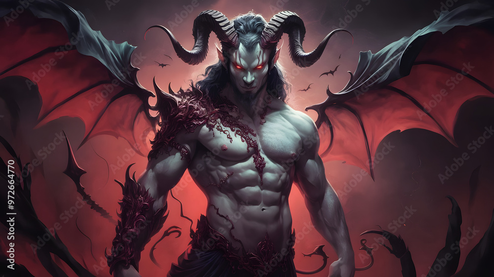 Asmodeus the Demon of Lust and Desire – A Dark Fantasy Depiction of an Infernal Being, Embodying Power and Malevolence with His Majestic Wings, Horns, and Sinister Presence in the Shadows. Asmodeus the Demon of Lust and Desire – A Dark Fantasy Depiction of an Infernal Being, Embodying Power and Malevolence with His Majestic Wings, Horns, and Sinister Presence in the Shadows.