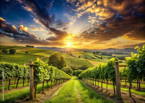 Rustic vineyard scenery with lush green vines, wooden trellises, and rolling hills under a warm sunny sky with photo