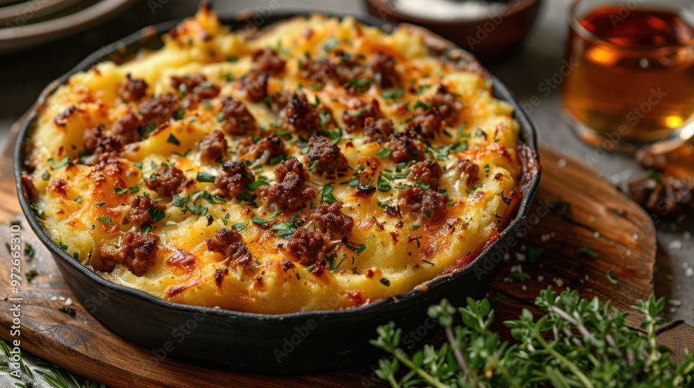 A savory dish of shepherd's pie baked to golden perfection, garnished with fresh herbs on a rustic wooden table. Generative AI A savory dish of shepherd's pie baked to golden perfection, garnished with fresh herbs on a rustic wooden table. Generative AI