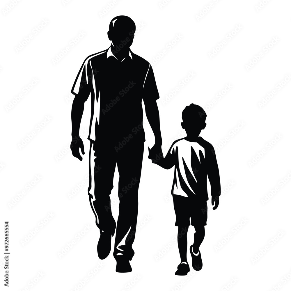 father and son holding hands and walking on white background silhouette vector father and son holding hands and walking on white background silhouette vector