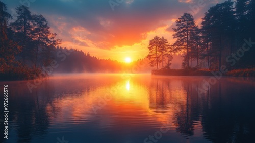 Serene sunset over a tranquil lake surrounded by trees.